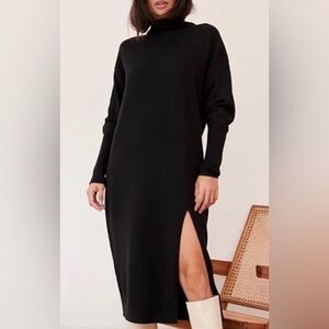 ARITZIA WILFRED cyprie dress black mock neck slit midi dress XXS-S merino wool